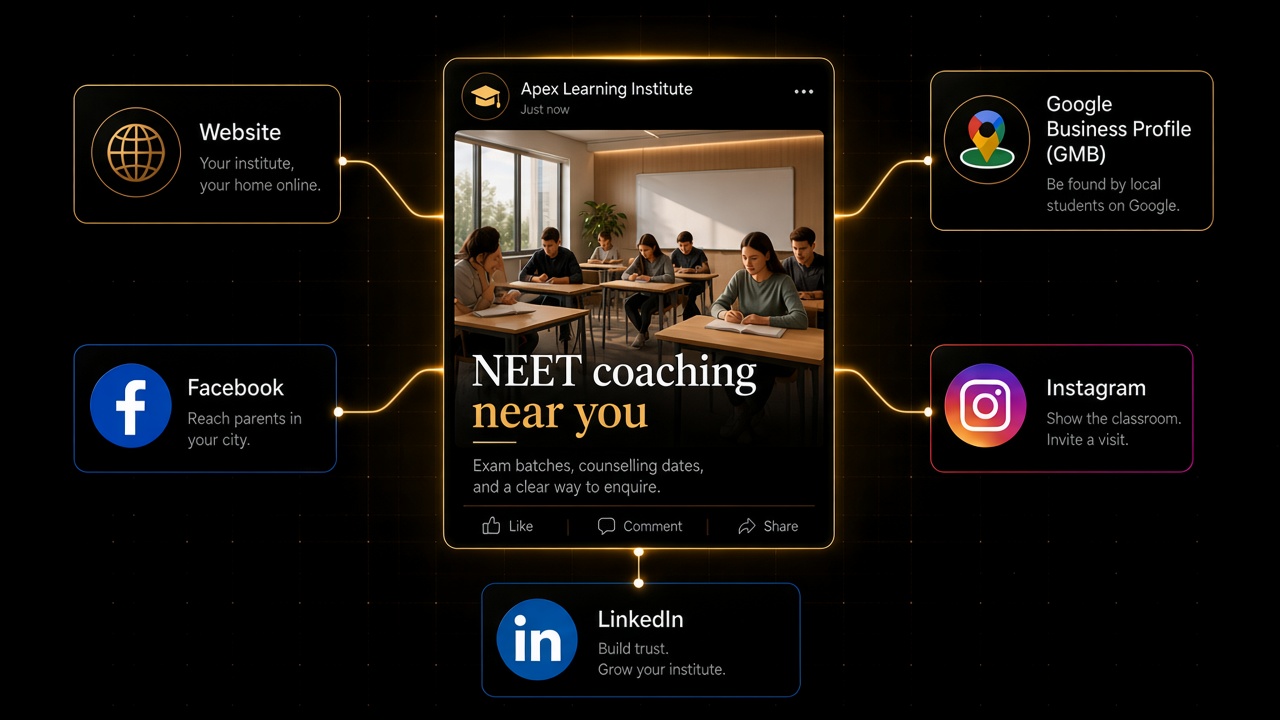 One institute post shared across website, Google Business Profile, Facebook, Instagram and LinkedIn